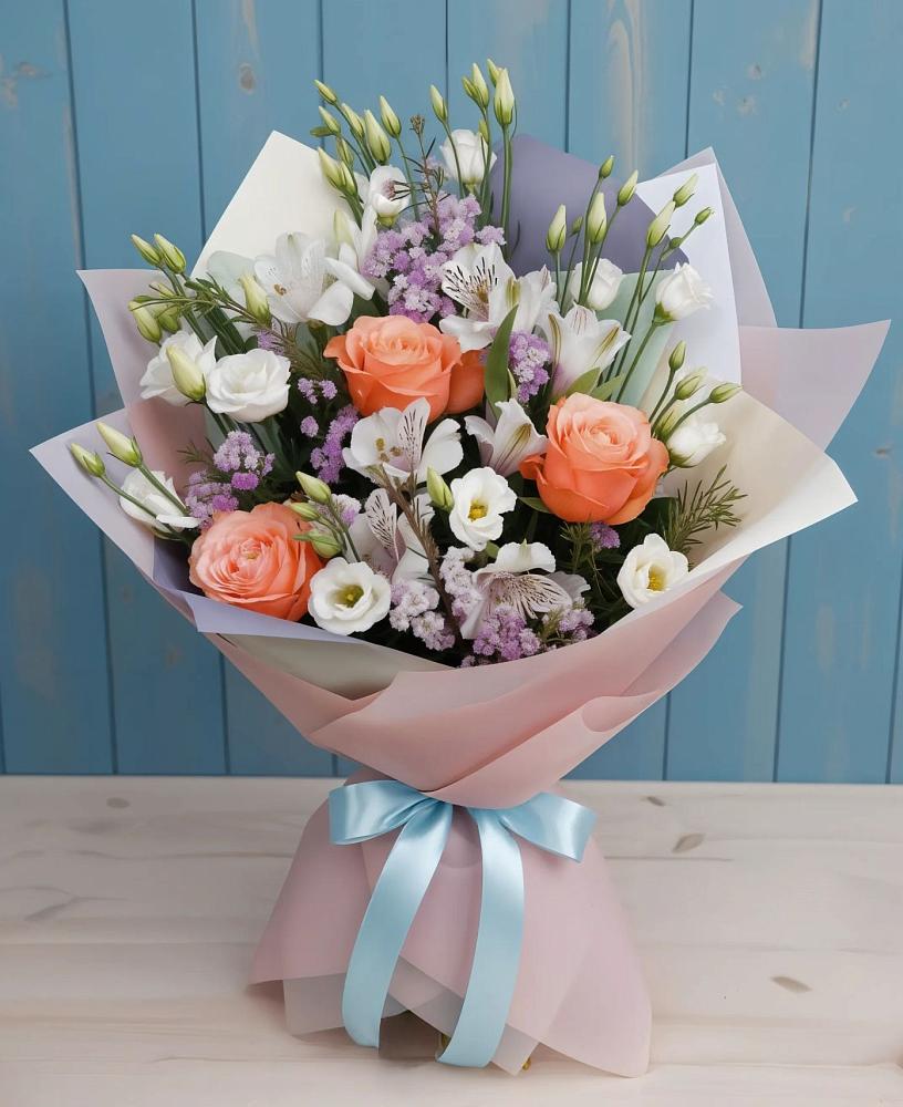 Букет цветов из: Лизиантусы, Розы, Альстромерии и Гипсофила в Шалушке