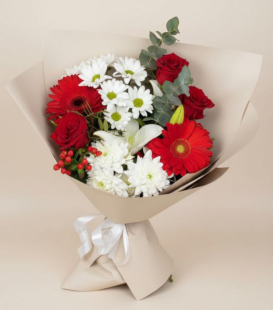 Букет цветов из: Розы, Хризантемы, Герберы и Лилии в Шалушке