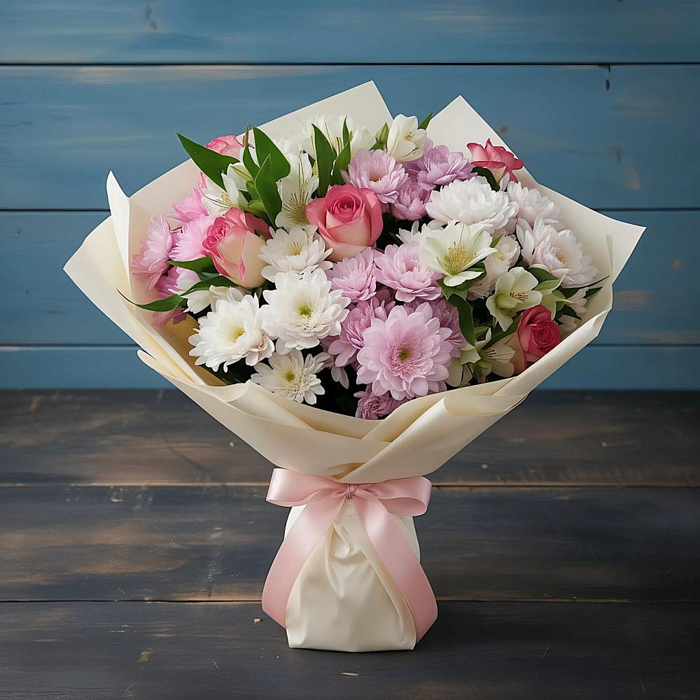 Букет цветов из: Хризантемы, Альстромерии и Розы в Шалушке